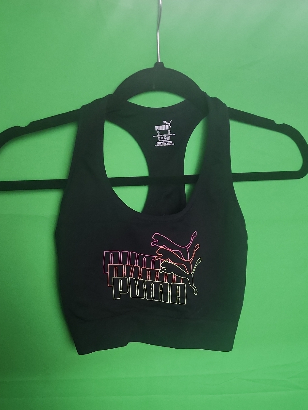 PUMA Black Seamless Racerback SportPuma Black Sports Bra w Neon Gradient Logo M